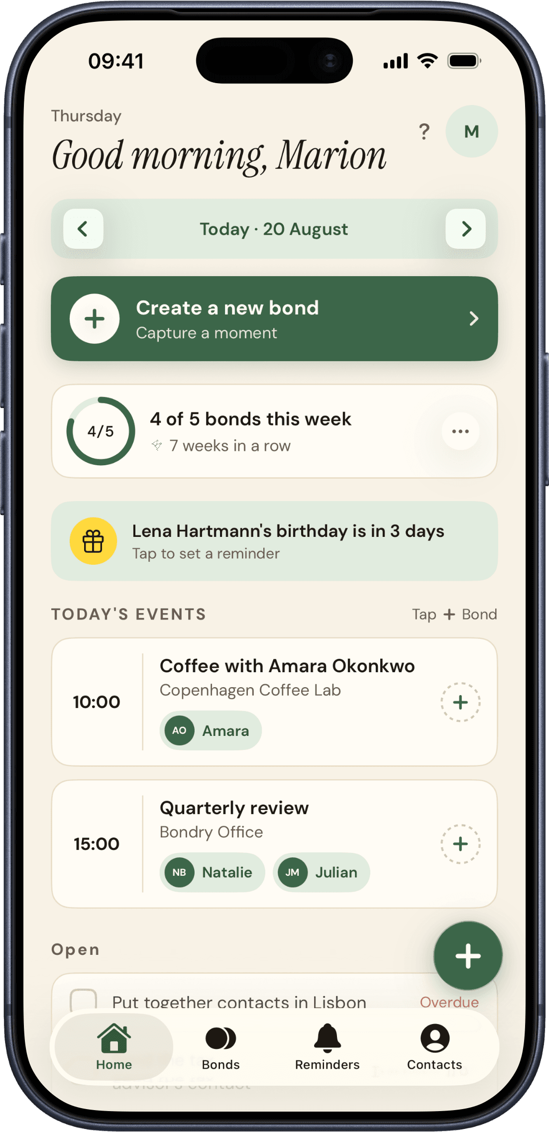 The Bondry app on iPhone: the home screen with today’s events and bonds.