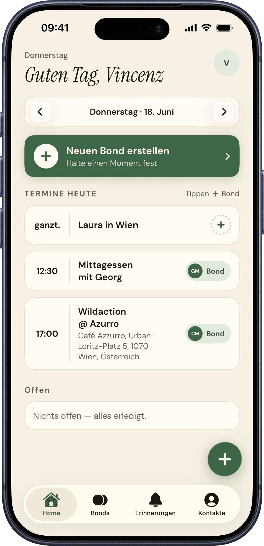 Bondry-App auf dem iPhone: der Home-Screen mit den heutigen Terminen und Bonds.